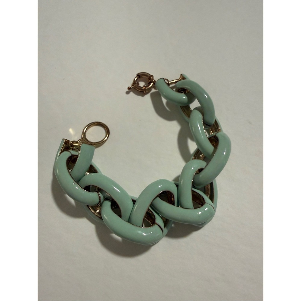 Sage Green Enamel Chunky Chain Link Bracelet Gold Tone 7.5 Inch Statement